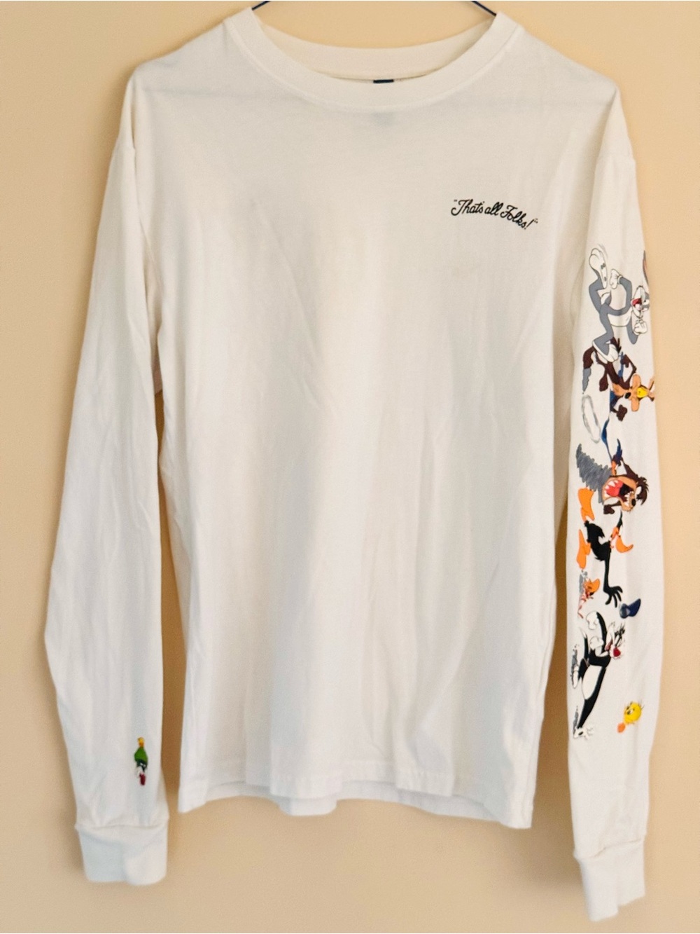 H&M White Long-Sleeve Tee with Colorful Looney Tunes Cartoon Character Sleeve